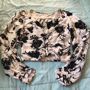 Free People creamy white long sleeve crop with buttons and black floral pattern